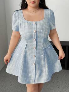 Vibekara 大码方领短袖纽扣优雅度假/派对连衣裙（女款） - 藍色 - 查看 5