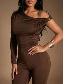 Radiana Women's Sexy & Elegant Asymmetrical Shoulder Exposed Jumpsuit, Tight-Fitting Stretchy Knit Flared Leg Jumpsuit, Suitable For Dates, Gatherings, Parties, Vacations, Casual Outings, Commuting, Casual Business Brown