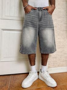 Manfinity EMRG Quần short denim nam ống đứng thêu họa tiết - Màu Xám nhạt - Xem 5