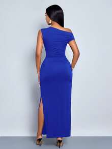 SOLERSUN Vestido largo ajustado de hombro asimétrico oblicuo, de unicolor, elegante para fiestas y uso diario, para primavera y verano - azul real - Ver 2