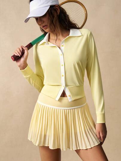 VARSIVA Women's Yellow And White Polo Collar Long-Sleeved Casual Sporty Top With Contrasting Buttons And A Contrasting Pleated Waistband Jumpsuit/Skirt Set, Perfect For Tennis.