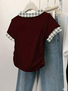 Resyla 刺绣撞色领修身T恤，送朋友的礼物 - 酒紅色 - 查看 2