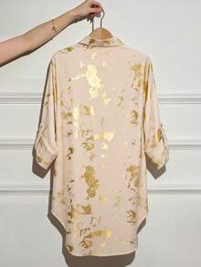 Franclia Women's Pink Leopard Print,Autumn,Elegant,Brunch Retro Gold Foil Tunic Blouse,Loose Long-Sleeved Shirt For Professional Working,Wedding,Party Blouses - Apricot - View 2