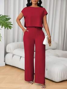 SHEIN Unity 法式圆领短袖休闲上衣和高腰阔腿裤两件套女装 - 酒紅色 - 查看 5