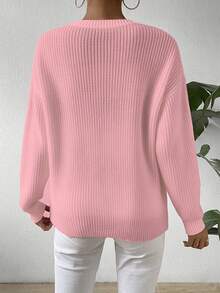 SHEIN LUNE Women's Casual Baby Pink Rib-Knit Round Neck Drop Shoulder Long Sleeve Regular Pullover Sweater - Baby Pink - View 2