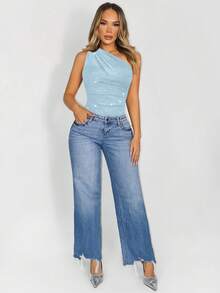 VaVaBold 女士时尚亮片褶皱不对称连体衣 - 淺藍色 - 查看 5