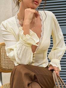 Cévolie 女士浅黄色蕾丝边短款上衣 - 淡黃色 - 查看 7