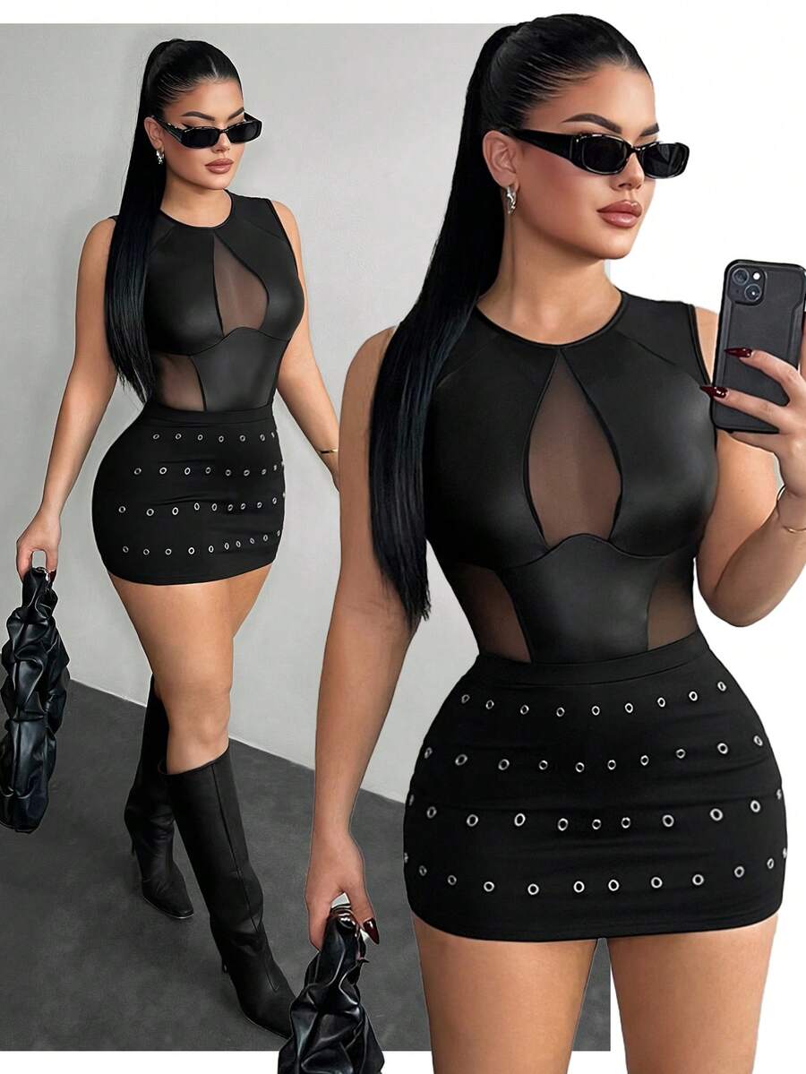 SHEIN SXY 黑色性感网纱和仿皮拼接连体衣 - 黑色 - 查看 1