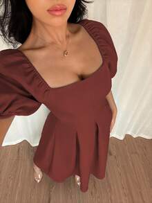 Elenzga Đầm nữ thanh lịch, tối giản, màu trơn, cổ tròn, viền bèo nhún, dáng chữ A, tay phồng, phù hợp đi làm, công sở, kinh doanh, dạo phố, du lịch, tiệc trà chiều, tiệc tùng. - Rỉ Nâu - Xem 6