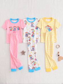 6pcs/Set Girls' Cute Cartoon Print Short Sleeve & Long Pants Knit Snug Fit Pajamas Homewear Set - Multicolor - View 3