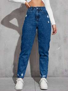 SHEIN Women's Light Wash Distressed Tapered Casual Jeans - Dusty Blue - View 3