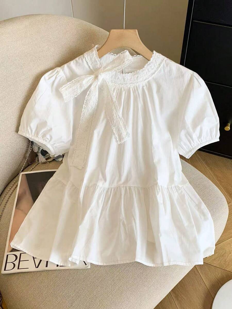 Resyla 女士优雅荷叶边蝴蝶结泡泡袖可爱衬衫 - 白色 - 查看 1