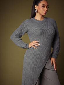 Vixey Heather Grey Round Neckline Long Sleeve Asymmetrical Hem Sweater - Dark Grey - View 5