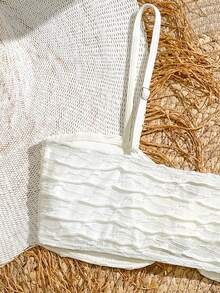 三件套少女泳衣套装，纹理面料，花卉图案，适合沙滩、泳池、派对和度假穿着，春夏款 - 杏色 - 查看 4