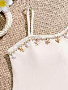 SHEIN 少女不对称领口连体泳衣，带吊坠装饰，适合度假海滩 - 杏色 - 查看 3