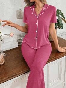 SHEIN Women's Classic Simple Style Lapel Open Front Ruffle Trim Lightweight Knit Fabric Short Sleeve Top And Pants, Casual Loungewear 2 Pieces Set - Hot Pink - View 6