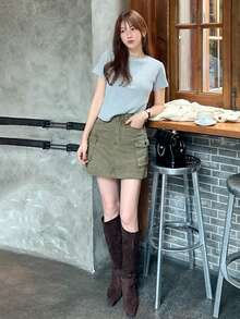 DAZY Chân váy ngắn denim tiện dụng, tôn dáng cho phụ nữ - màu xanh lá - Xem 5