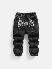 Y2K Style Black Washed Denim Gothic Print Jogger Pants For Young Boys, Elastic Waistband, Split Hem Design, Suitable For Daily Fashion, Travel, Party - Black - View 1