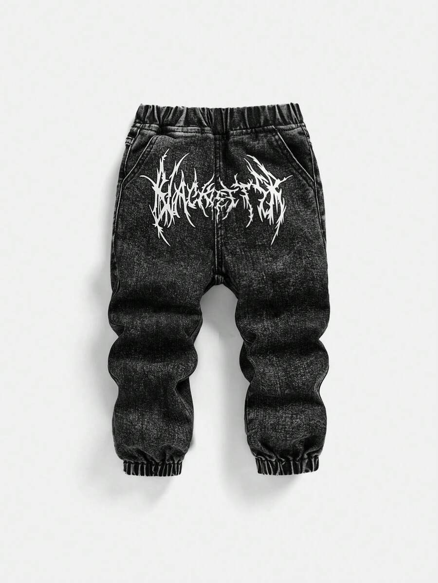Y2K Style Black Washed Denim Gothic Print Jogger Pants For Young Boys, Elastic Waistband, Split Hem Design, Suitable For Daily Fashion, Travel, Party - Black - View 1