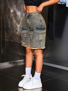 SHEIN Tall Y2K High Waist Slit Tight Sexy Zipper 2 In 1 Women Denim Skirt Pants - Blue - View 2