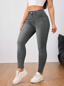 SHEIN ICON 大码女式高腰纯色修身牛仔裤，带口袋 - 淺灰色 - 查看 4