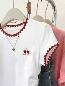 Resyla Women's Casual Contrast Trim Cherry Print T-Shirt, Summer - White - View 3