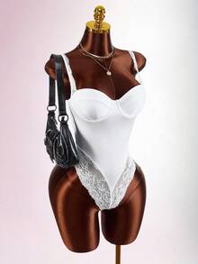 Amplova 2026 New Sexy Contrast Lace Satin Low-Cut Bodysuit For Women - White - View 1