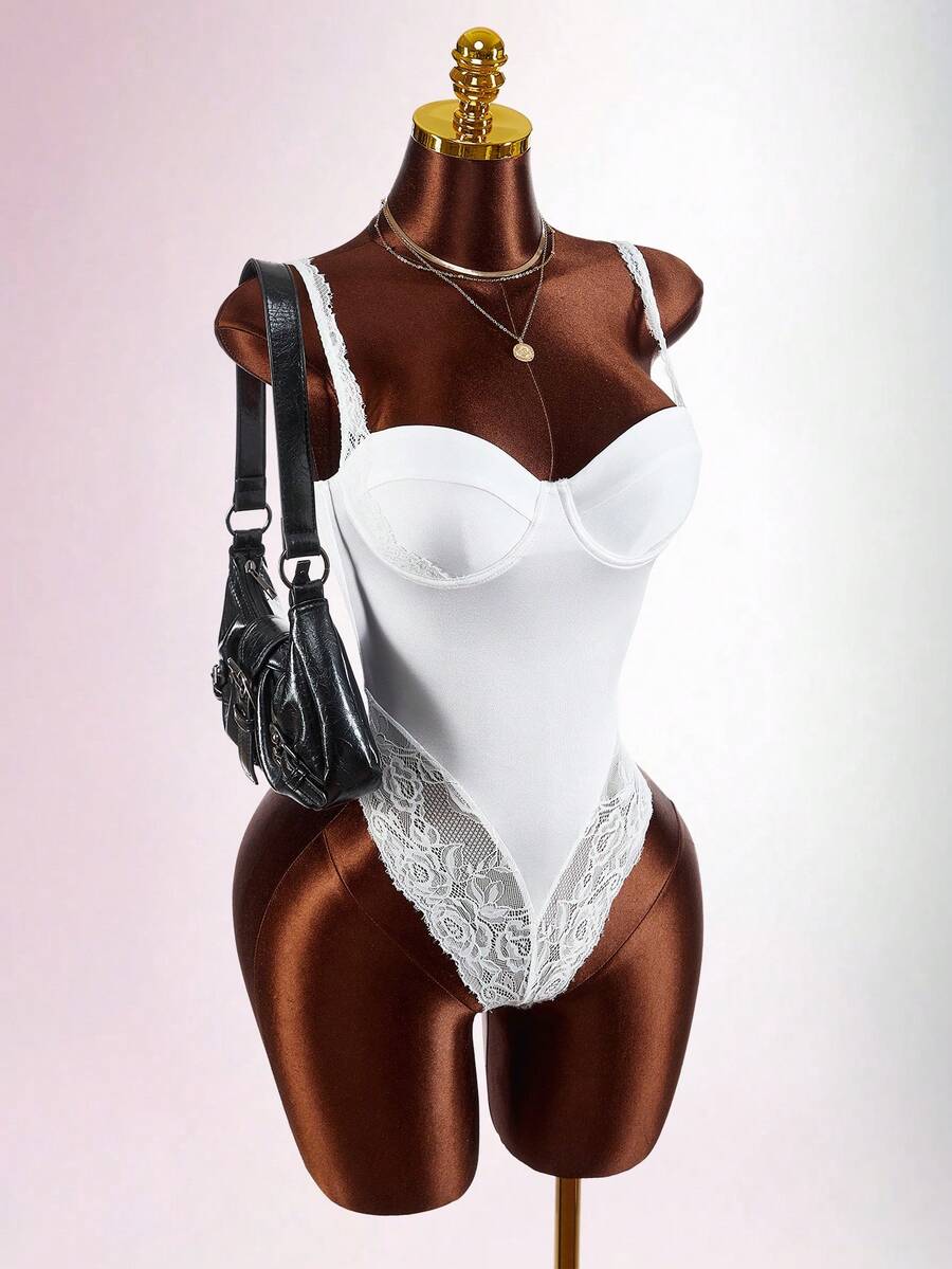 Amplova 2026 New Sexy Contrast Lace Satin Low-Cut Bodysuit For Women - White - View 1