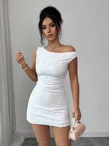 Elenzga Women's Summer New Beach Holiday Dress, White Knit Asymmetrical Shoulder, Sleeveless Fitted A-Line Mini Dress - White - View 4