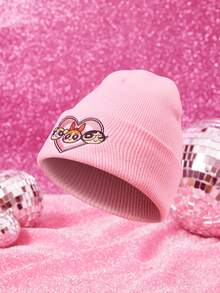 THE POWERPUFF GIRLS X SHEIN 1pc Knitted Beanie Hat With Cartoon Embroidery, Fashionable Street Riding Gift Choice - A - View 4