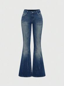 ROMWE Grunge Punk Y2K Retro Midriff-Baring Pocket Cross Wing Embroidery Fitted Flare Leg Women Jeans