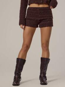 MUSERA 翻折腰带纹理针织迷你短裤，春季少女风，日常穿搭，可爱休闲，甜豌豆 - 棕色 - 查看 3