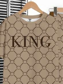 SHEIN 男童新款休闲复古花卉英文字母“King”运动风美式撞色撞色圆领短袖T恤和裤子套装 - 彩色 - 查看 4