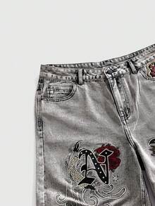 ROMWE MEN Street Life 男士休闲百搭牛仔短裤，带口袋，饰有鱼形刺绣和字母图案 - 灰色 - 查看 4