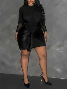 SHEIN CURVE+ Vestido mini ajustado de malla negra con parches para mujer de talla grande, moda de otoño - Negro - Ver 4