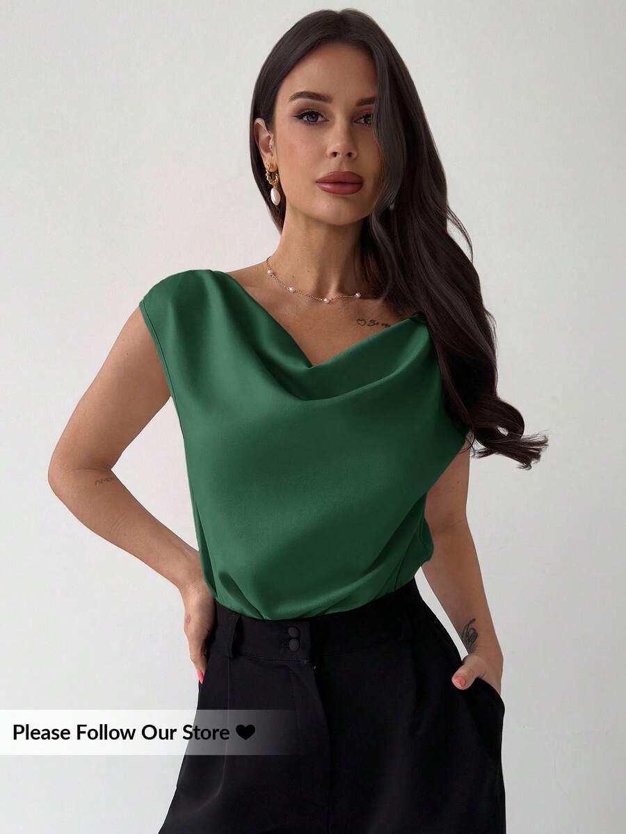 Firerie Bộ đồ liền thân không tay bằng satin, cổ xếp ly bất đối xứng, màu mơ, thiết kế tối giản, thanh lịch dành cho nữ, thích hợp cho hẹn hò, đi làm, công sở, sang trọng. - Màu xanh lá cây đậm - Xem 1