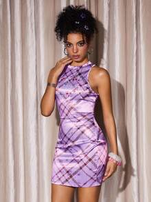 Y2Kool Maria Clara Maia Purple Plaid Music Note & Heart Y2K Girly Casual Mini Dress, Suitable For Autumn/Winter Parties, Holidays, Valentine's Day, And Daily Wear - Purple - View 5