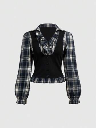 Goth Blusa de manga larga con diseño de cuadros y patchwork en estilo gótico vintage para mujeres, de vuelta al colegio