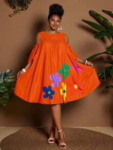 Maweii Summer Off-Shoulder Round Neck Cartoon Floral Casual Vacation Dress - Orange - View 5