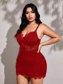 Viva Relle Plus Size Women's Spring/Summer Lace Sexy Hollow Out Bandage Front Avant-Garde French Casual Young Chic Fashion Elastic Knit Versatile Comfortable Undershirt Dress, Red, Sexy, Formal, Party, Young, Elegant, Sexy Top, Sexy Jumpsuit, Sexy Bra, Slim Fit, Transparent, Off Shoulder, Solid Color - Burgundy - View 3