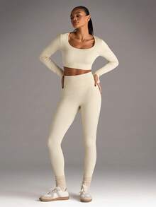 SHEIN BAE Women's Solid Color Minimalist Daily Long Sleeve Top And Pants Seamless High Stretch Sports Set - Beige - View 6