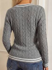 INAWLY Women's Floral Embroidered Bowknot V-Neck Long Sleeve Fitted Sweater - Dark Grey - View 2