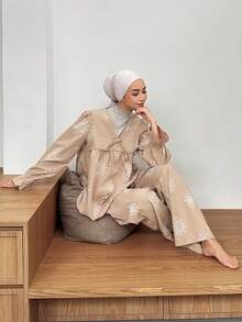 DAZY 印花褶皱泡泡袖女士睡衣套装 - 駝色 - 查看 4