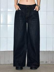 ROMWE Grunge Punk Quần jeans ống rộng dáng thoải mái, in khẩu hiệu màu sắc sặc sỡ, phong cách retro Y2K. - Màu xanh hải quân - Xem 7