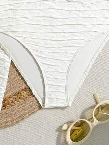 三件套少女泳衣套装，纹理面料，花卉图案，适合沙滩、泳池、派对和度假穿着，春夏款 - 杏色 - 查看 5