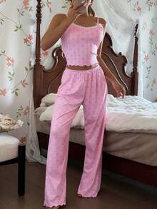 CottageSlumber Pink Camisole & Pants Pajama Set, Hollow Heart Print & Bow Decor For Women Pink Nightgown - Pink - View 4