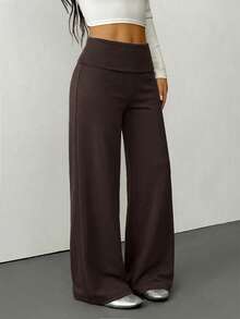 SHEIN PETITE Casual Brown Knitted Fabric Wide Leg Pants For Women Extra Long Rib-Knit Design - Brown - View 7