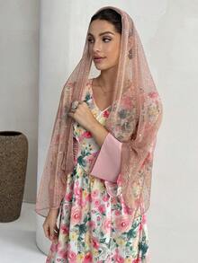 Yasmyna Women's V-Neck Floral Print Mesh Splice Elegant Waist Cinched Party Arabic Dress - Pink - View 3