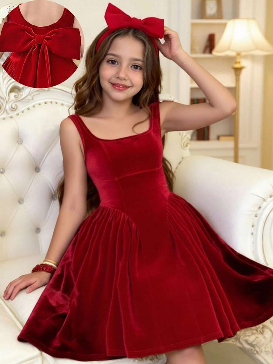 Serisse Kids Tween 女童优雅天鹅绒蝴蝶结腰无袖圆领连衣裙，休闲日常穿着，返校装，红色，适合圣诞节和新年 - 紅色 - 查看 1