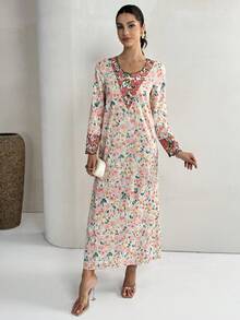 Yasmyna 女士春季度假风全身印花撞色包边扇形边阿拉伯连衣裙 - 粉色 - 查看 4